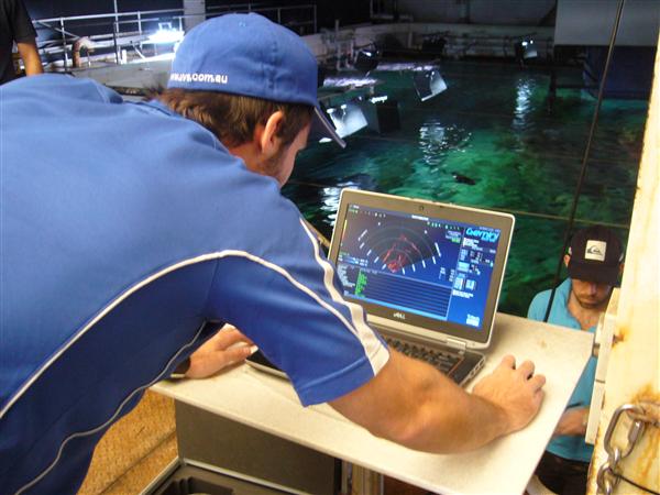 UVS Engineer, Josh Berry testing the Clever Buoy sonar at Sydney Aquarium in April 2014